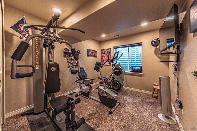 12420 Mount Belford Way, Peyton, CO 80831 - workout area with baseboards, carpet, a textured wall, and recessed lighting