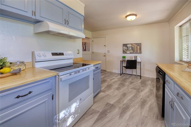 1227 Holmes Dr, Colorado Springs, CO 80909 - kitchen featuring electric stove, under cabinet range hood, blue cabinetry, and wooden counters