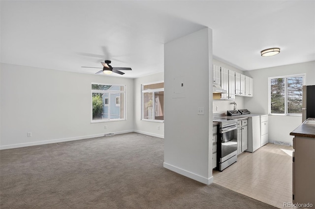 7902 Chase Cir Unit 152, Arvada, CO 80003 - kitchen with appliances with stainless steel finishes, white cabinetry, a ceiling fan, light colored carpet, and under cabinet range hood