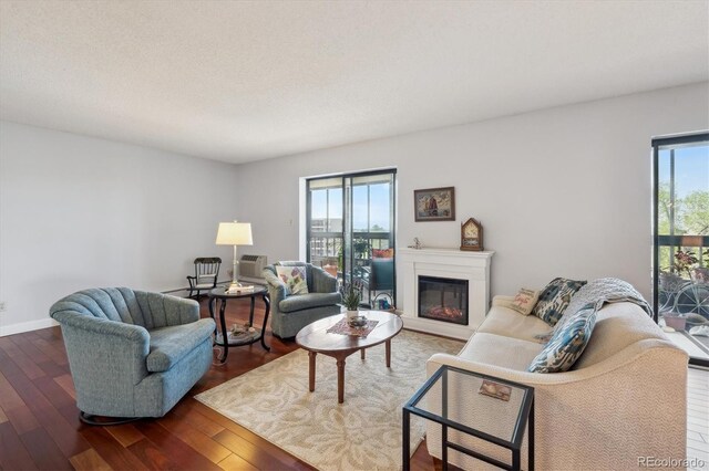 living area featuring wood-type flooring, a glass covered fireplace, and baseboards