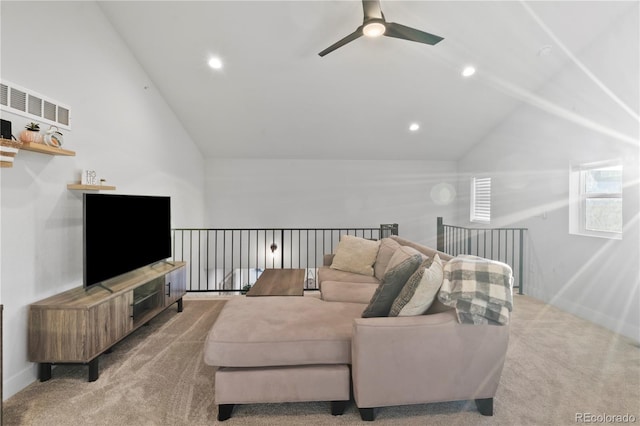 living room featuring lofted ceiling, light carpet, and ceiling fan