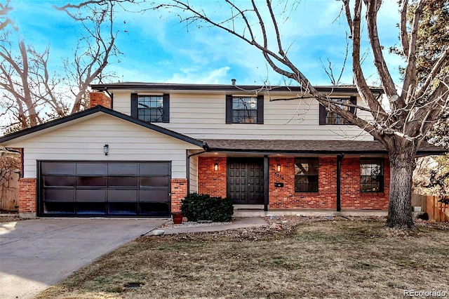 view of front facade featuring a garage, brick siding, driveway, and a shingled roof