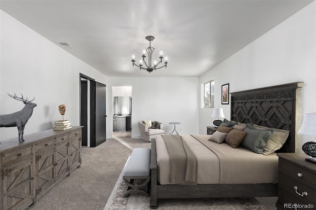 bedroom featuring light carpet, visible vents, and a notable chandelier