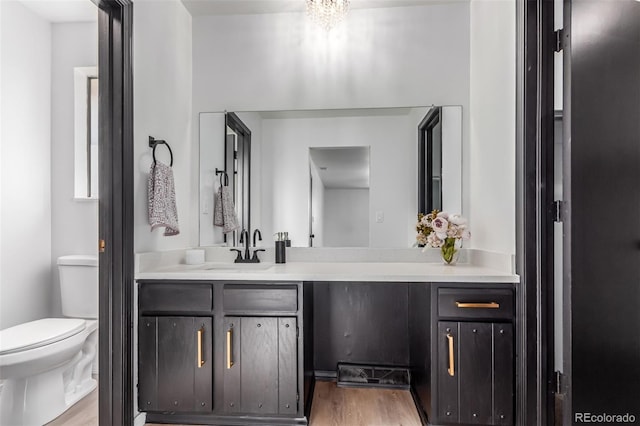 bathroom featuring toilet, wood finished floors, and vanity