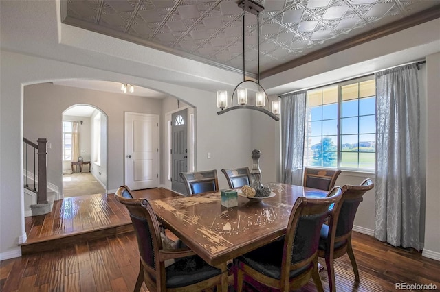 dining room with plenty of natural light, wood-type flooring, and a chandelier