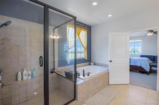 bathroom with ceiling fan, independent shower and bath, and tile patterned floors