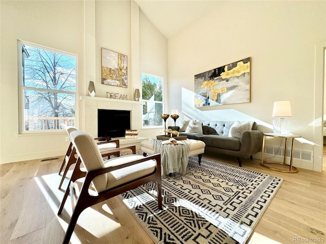 sitting room with a fireplace, a wealth of natural light, and hardwood / wood-style floors