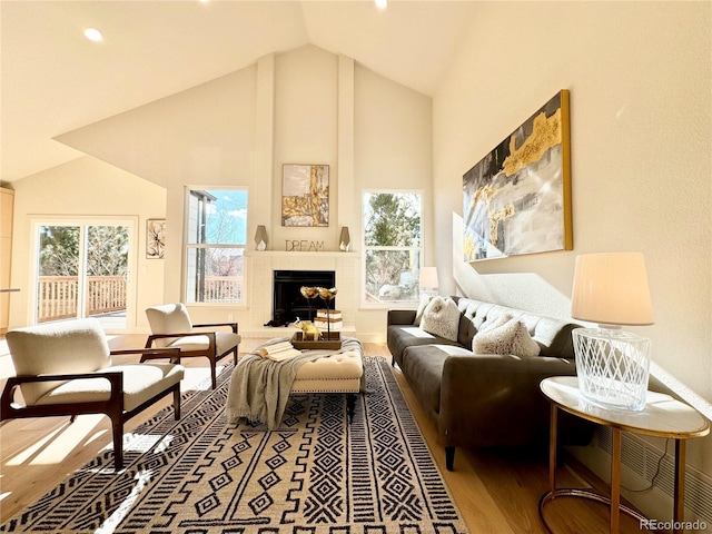 living room with hardwood / wood-style floors and vaulted ceiling