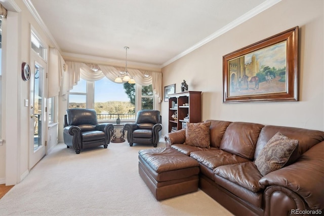 living room featuring crown molding and carpet floors