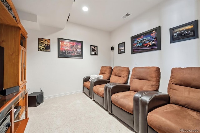 home theater with recessed lighting, baseboards, and visible vents