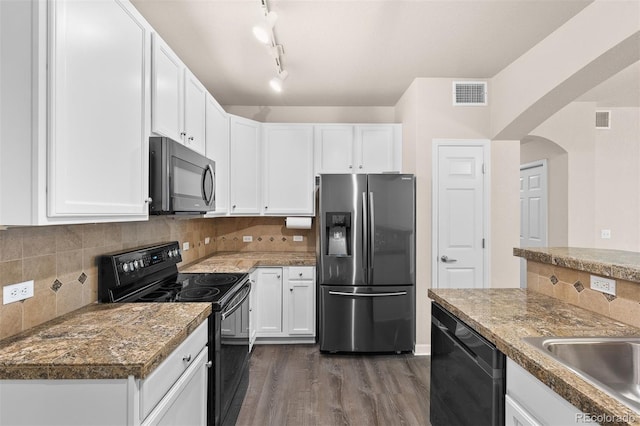 kitchen featuring stainless steel fridge with ice dispenser, black electric range oven, dishwashing machine, white cabinets, and dark wood-type flooring