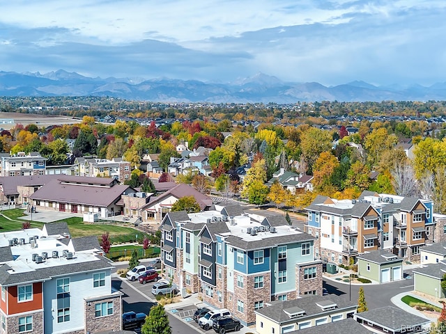 drone / aerial view featuring a mountain view