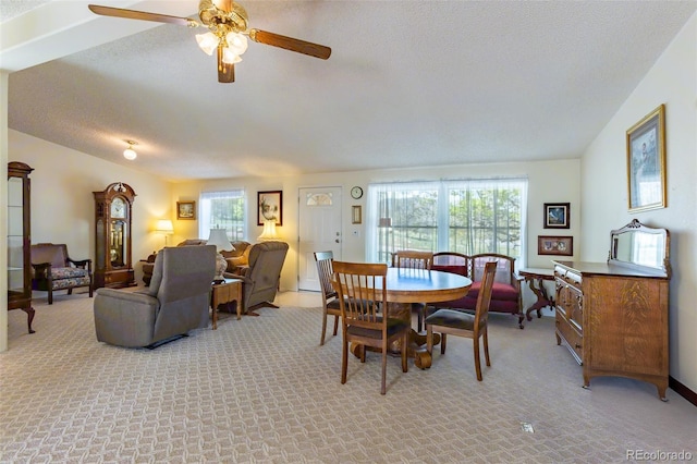 246 Loop Dr, Howard, CO 81233 - dining area with light carpet, ceiling fan, and a textured ceiling
