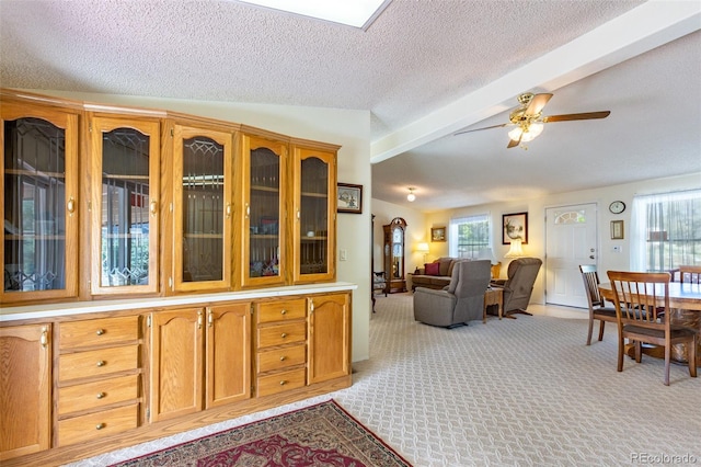 246 Loop Dr, Howard, CO 81233 - dining space featuring healthy amount of natural light, light colored carpet, ceiling fan, and a textured ceiling