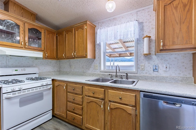246 Loop Dr, Howard, CO 81233 - kitchen with white gas range, dishwasher, under cabinet range hood, a sink, and a textured ceiling