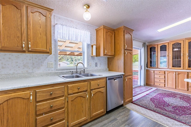 246 Loop Dr, Howard, CO 81233 - kitchen with stainless steel dishwasher, a sink, dark wood-style flooring, healthy amount of natural light, and a textured ceiling