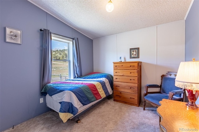 246 Loop Dr, Howard, CO 81233 - carpeted bedroom featuring a textured ceiling, vaulted ceiling, and crown molding