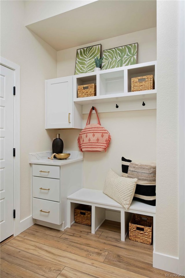 mudroom with light hardwood / wood-style floors