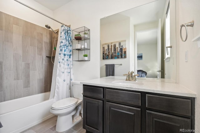 full bathroom featuring toilet, vanity, and shower / tub combo with curtain