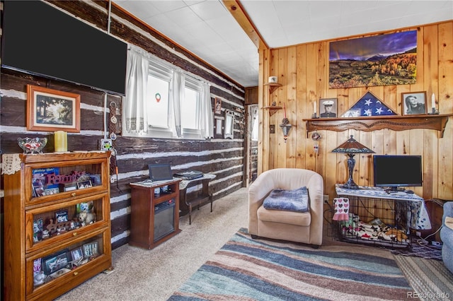 sitting room with carpet floors and wood walls