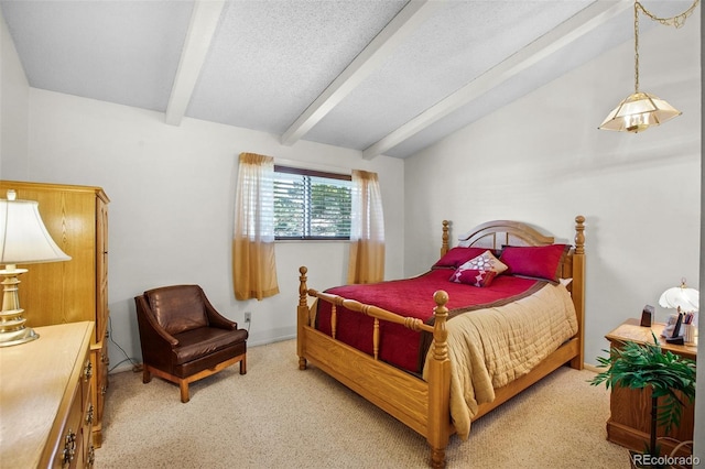 carpeted bedroom featuring a textured ceiling and vaulted ceiling with beams