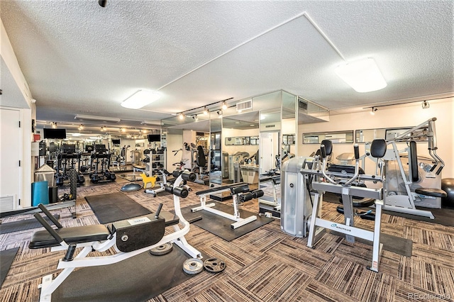 1020 15th St Unit 25D, Denver, CO 80202 - gym with a textured ceiling, rail lighting, and carpet
