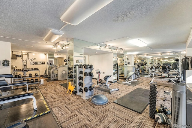 1020 15th St Unit 25D, Denver, CO 80202 - workout area with a textured ceiling, track lighting, and carpet flooring