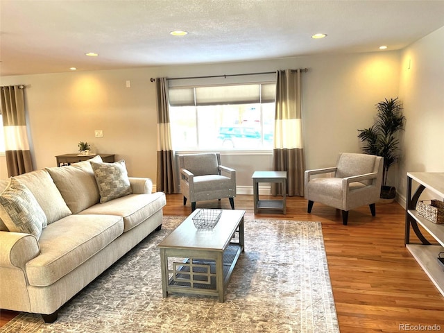 living room with dark hardwood / wood-style flooring