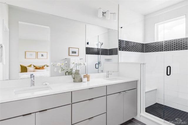 15006 Cast Pebble Cir, Parker, CO 80134 - bathroom with double vanity and a shower stall