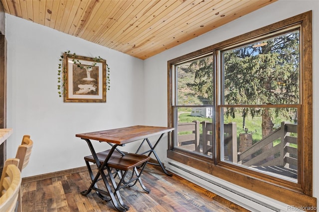55 Two Moon Rd, Idaho Springs, CO 80452 - dining room featuring a baseboard heating unit, healthy amount of natural light, dark wood-style flooring, and wood ceiling