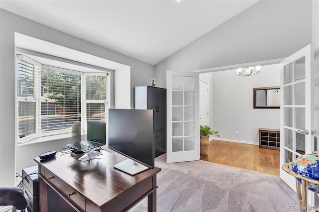 16655 W 2nd Ave, Golden, CO 80401 - office space featuring french doors, baseboards, an inviting chandelier, carpet, and lofted ceiling