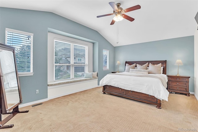 16655 W 2nd Ave, Golden, CO 80401 - carpeted bedroom featuring vaulted ceiling, visible vents, a ceiling fan, and baseboards