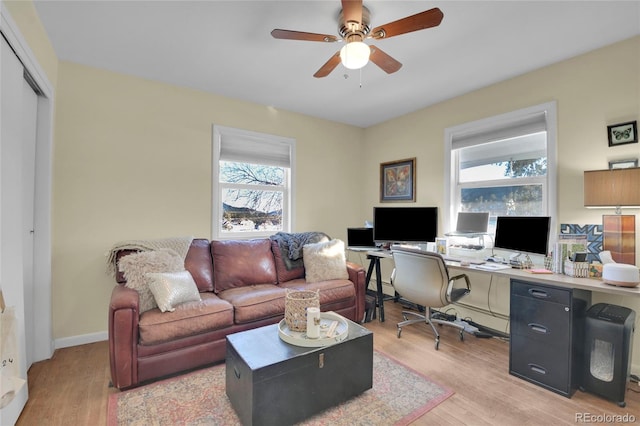 home office featuring light hardwood / wood-style floors and ceiling fan