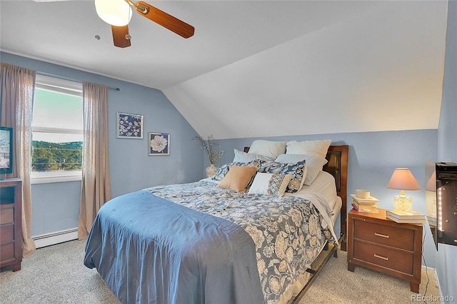 bedroom featuring ceiling fan, a baseboard radiator, light carpet, and vaulted ceiling