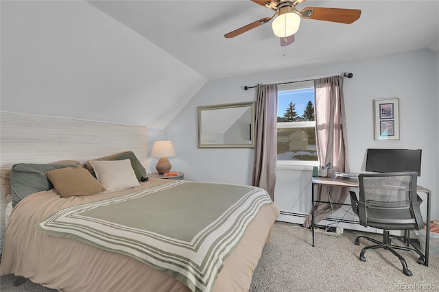 bedroom featuring ceiling fan, light colored carpet, and lofted ceiling