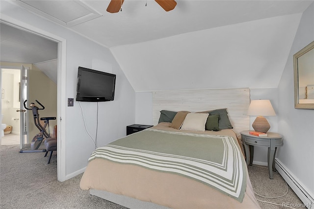 carpeted bedroom with lofted ceiling, baseboard heating, ceiling fan, and ensuite bath