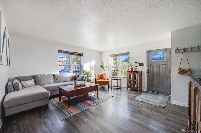 living room with dark hardwood / wood-style floors and a textured ceiling