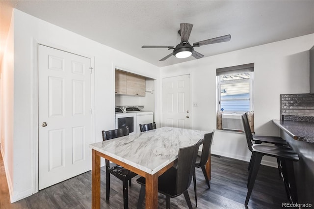 dining space with ceiling fan, washing machine and clothes dryer, dark hardwood / wood-style flooring, and a textured ceiling