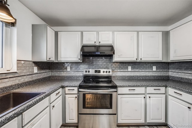 kitchen with sink, white cabinetry, ventilation hood, stainless steel electric stove, and decorative backsplash