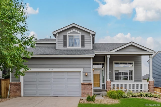 9417 Burgundy Cir, Highlands Ranch, CO 80126 - view of front facade with brick siding, a porch, roof with shingles, driveway, and a garage