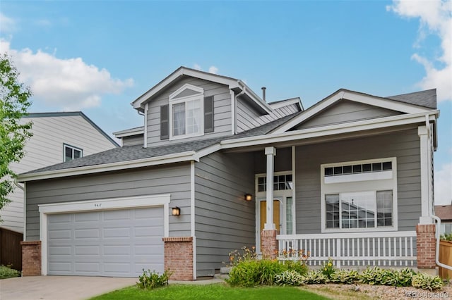 9417 Burgundy Cir, Highlands Ranch, CO 80126 - view of front facade with a porch, a shingled roof, driveway, and brick siding