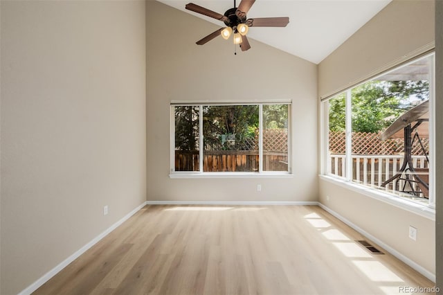 9417 Burgundy Cir, Highlands Ranch, CO 80126 - empty room featuring light wood finished floors, ceiling fan, and high vaulted ceiling