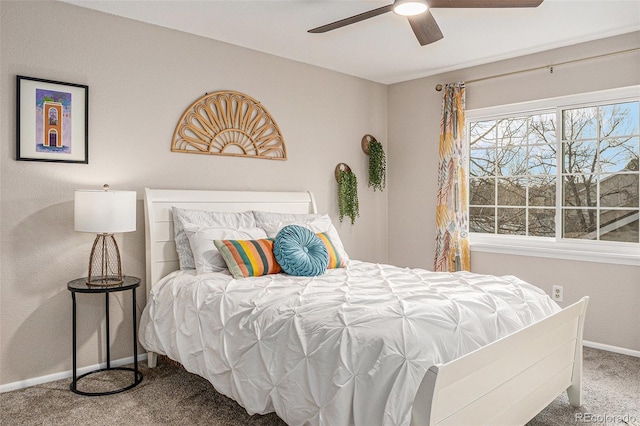 bedroom with baseboards, a ceiling fan, and carpet flooring