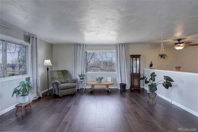 sitting room featuring dark hardwood / wood-style flooring and ceiling fan