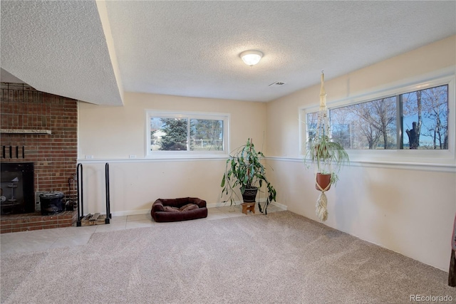 living area featuring a wood stove, light colored carpet, and a textured ceiling