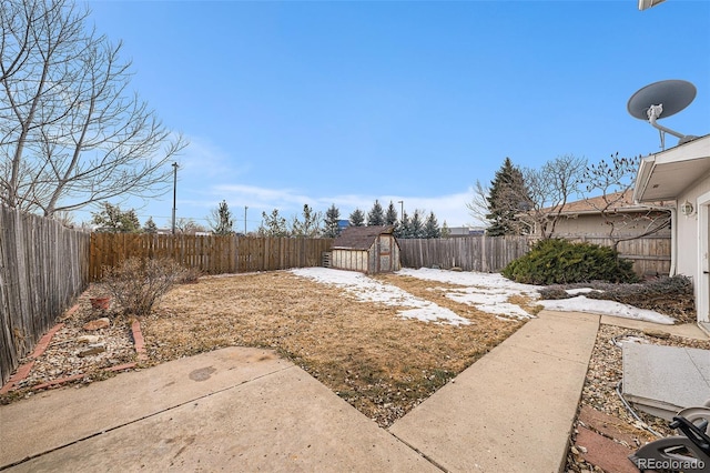 view of yard with a storage unit and a patio area