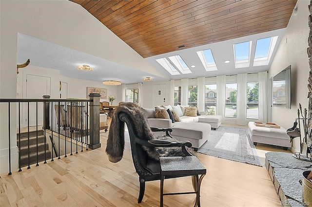 6223 W Flora Pl, Denver, CO 80227 - living room with light wood-style floors, a skylight, wooden ceiling, high vaulted ceiling, and recessed lighting