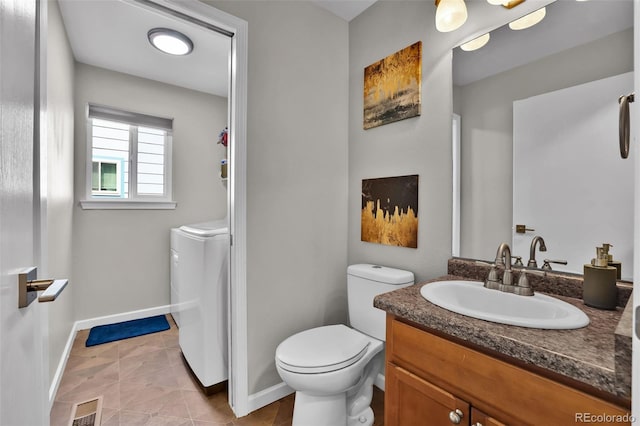 1065 Harbourne St, Colorado Springs, CO 80911 - bathroom featuring toilet, washer / clothes dryer, vanity, and baseboards