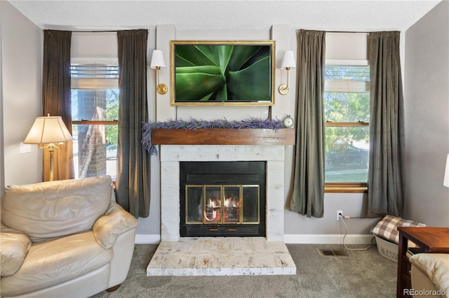 carpeted living room featuring a textured ceiling