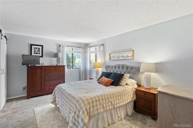 carpeted bedroom with a barn door and a textured ceiling